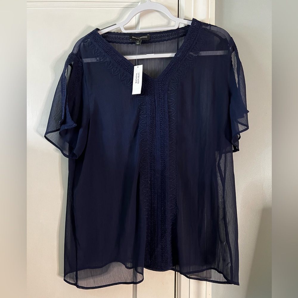 Banana Republic Navy Sheer V-Neck Short Sleeve Blouse